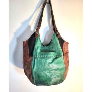The Sak Purse Green Brown Patchwork Leather Hobo Whipstitch Shoulder Bag Tote
